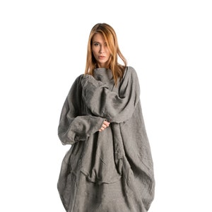 Gray Linen Dress, Oversize Tunic Dress, Avant Garde Clothing, Loose Fit Grey Dress, Linen Midi Dress, Bubble Dress, Casual Tunic Dress
