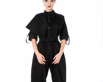 Avant Garde Woman's Jumpsuit With Cape Collar, Front Buttons And Mid Sleeves, Black Cotton Jumpsuit