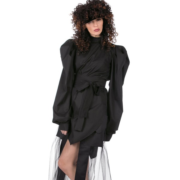 Puff Sleeve Top, Black Tunic Top with Oversized Sleeves, Extravagant Blouse, Black Formal Top, Evening Top, Avant Garde Tunic Top