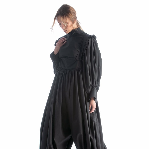 Loose Fit Woman's Set, Renaissance Shirt And Sleeveless Jumpsuit, Black Cotton Set For Woman, Avant Garde Plus Size Clothing,