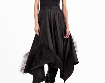 Black Taffeta Skirt with Tulle Details, Plus Size Women's Skirt, Loose Fit Skirt with Asymmetric Length, High Waist Black Skirt