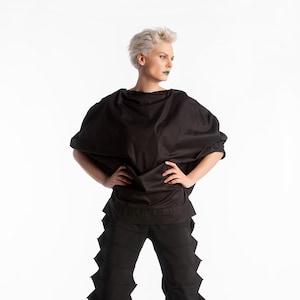 Batwing Asymmetrical Top, Black Top Women, Avant Garde Shirt, Deconstructed Oversize Top, Hand Tailored Top, Gothic Blouse