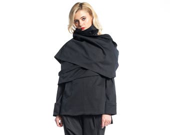 Short Wrap Jacket In Black, High Neck Jacket Women, Asymmetrical Jacket, Avant Garde Clothing, Long Sleeve Women's Top For Fall