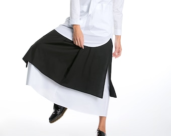 Avant Garde Skirt with 2 Layers, Black and White Skirt, Loose Fit Cotton Skirt, Women's Skirt