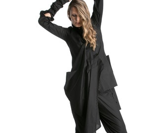 Avant Garde Tunic Shirt, Asymmetrical Blouse, Black Tunic Top, Cyberpunk Shirt, Gathered Avant Garde Clothing, Futuristic Clothing