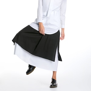 Avant Garde Skirt with 2 Layers, Black and White Skirt, Loose Fit Cotton Skirt, Women&#39;s Skirt