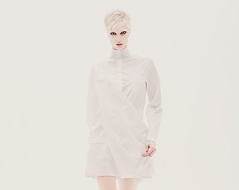 White Shirt with Turtleneck, Asymmetrical Top, White Tunic Dress, Transformable Cotton Top, Long Sleeve Top, Avant Garde Top