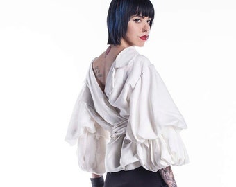 White Linen Top with Bell Sleeves, Extravagant Blouse, Open Back Top, Deconstructed Fashion, Cocktail Party Top, Avant Garde Shirt