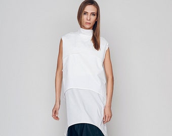 White Sleeveless Top with High Neck, Futuristic Clothing, Long Turtleneck Top, Japanese Clothing, Long White Blouse