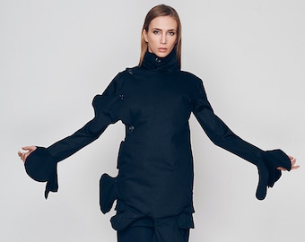 Avant Garde Jacket, Black Turtleneck Jacket, Deconstructed Overcoat, Futuristic Clothing, Extravagant Jacket, Avant Garde Clothing