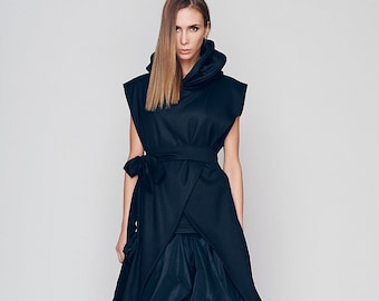 Navy Blue Wrap Top, Long Vest, Hooded Top, Japanese Clothing, Hooded Vest Women, Avant Garde Top, Spring Jacket, Wrap Vest with Belt
