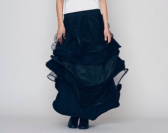 Wavy Long Skirt in Navy Blue, Alternative Wedding Skirt, Futuristic Clothing, Layered Skirt, Avant Garde Clothing, Cocktail Party Skirt