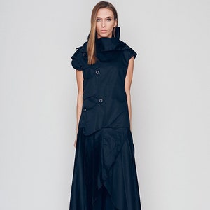 Navy Blue Maxi Dress with High Neck, Cyberpunk Dress, Avant Garde Clothing, Maxi Dress Women&#39;s, Long Sleeveless Dress