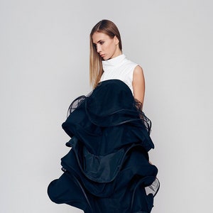 Navy Midi Dress, Elegant Layered Dress, Wedding Guest Dress, Cocktail Dress, Bridesmaid Dress, Avant Garde Dress, Special Events Dress
