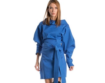 Blue Midi Dress with Asymmetric Sleeves, Kimono Dress, Japanese Clothing, Avant Garde Clothing, Deconstructed Dress