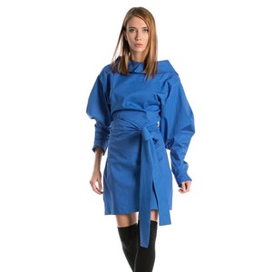 Blue Midi Dress with Asymmetric Sleeves, Kimono Dress, Japanese Clothing, Avant Garde Clothing, Deconstructed Dress