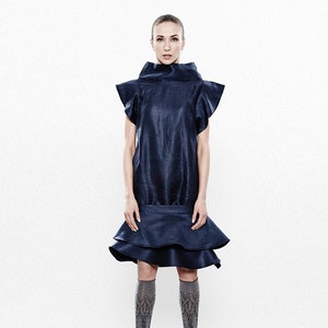 Linen Dress with High Neck, Women&#39;s Cocktail Dress, Extravagant Metallic Dress, Avant Garde Clothing, Elegant Dress