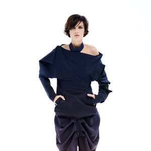 Extravagant Jacket In Navy Blue, Off Shoulder Top, Avant Garde Clothing Women, Deconstructed Jacket, Futuristic Clothing, Navy Blue Top