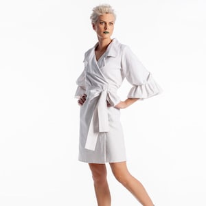 Wrap Linen Dress, Reversible Dress with Bell Sleeves and Belt, Linen Clothes, Midi White Dress with Collar, Linen Midi Dress