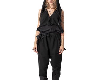 Black Deconstructed Jumpsuit With Sheer Hood, Asymmetric Open Back Overall, Avant Garde Womenswear, Gothic Statement Clothing