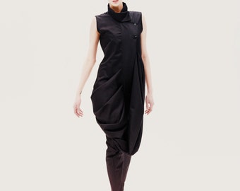Women Black Jumpsuit with High Neck, Cyberpunk Clothing, Asymmetrical Jumpsuit, Gothic Clothing, Evening Jumpsuit, Dark Fashion