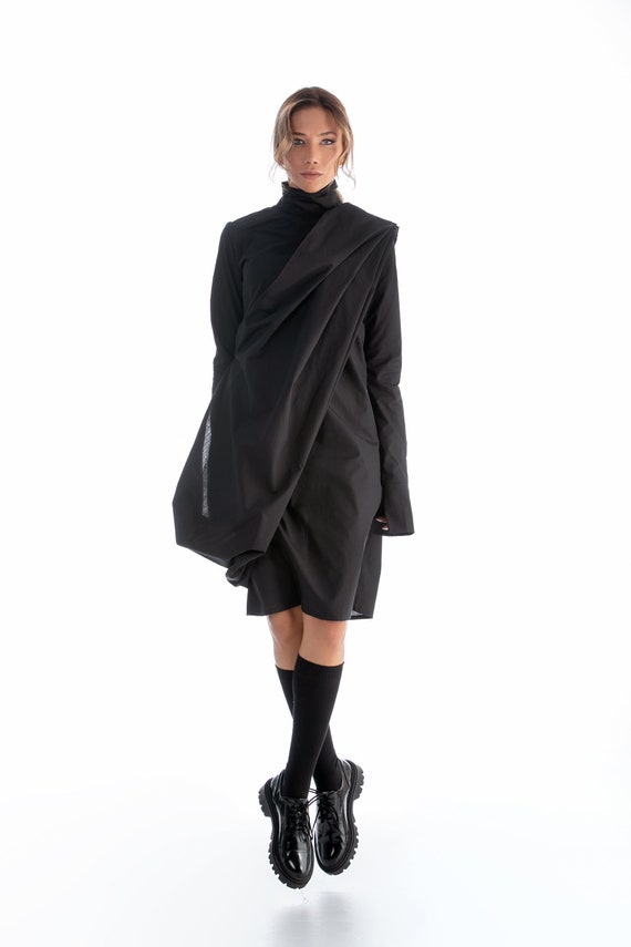 Black Asymmetrical Dress, Long Sleeve Turtleneck Dress with Wrap Detail, Black Dress with Double Collar and Cuffs, Elegant Midi Dress