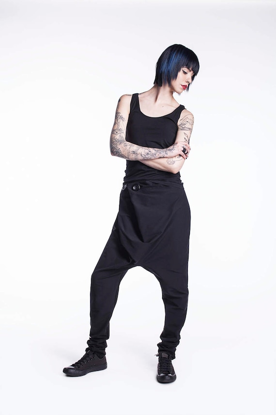 Loungewear Drop Crotch Pants, Black Harem Pants, Urban Clothing, Women Cotton Trousers, Avant Garde Clothing, Drop Crotch Pants