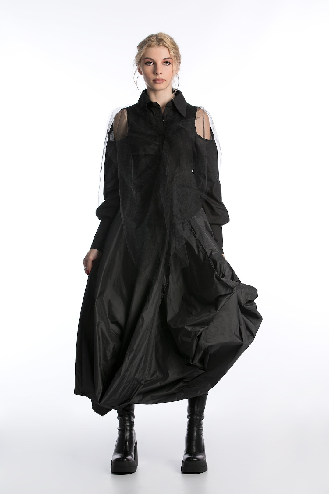 Black Asymmetrical Long Gather Skirt