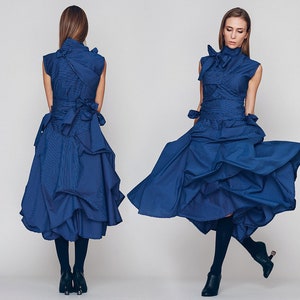 Avant Garde Dress, Navy Blue Layered Dress, Party Dress Women&#39;s, Sleeveless Dress with High Neck, Sizes XS - XXL