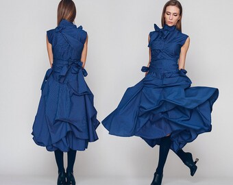Avant Garde Dress, Navy Blue Layered Dress, Party Dress Women&#39;s, Sleeveless Dress with High Neck, Sizes XS - XXL