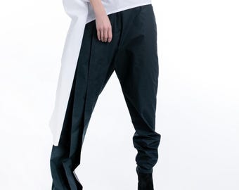 Asymmetric Pants with Low Waist, Loose Fit Deconstructed Pants with Asymmetric Legs, Elegant Drop Crotch Pants, Avant Garde Formal Pants