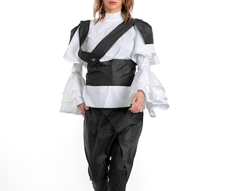 Cotton Capri Pants With Taffeta Belt, Suspenders And Shoulder Pads, Women's Two Piece Set, Asymmetric Women's Pants