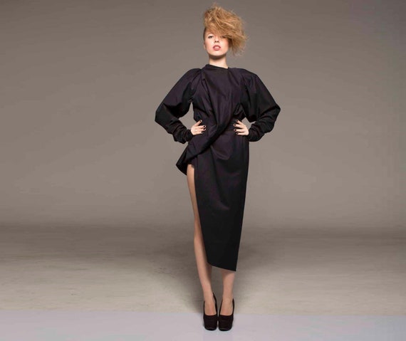 Black Dress With Deep Slit, Deconstructed Dress, Futuristic