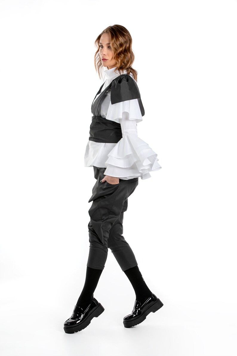 Capri en coton avec ceinture en taffetas, bretelles et épaulettes, ensemble deux pièces pour femme, pantalon asymétrique pour femme image 6