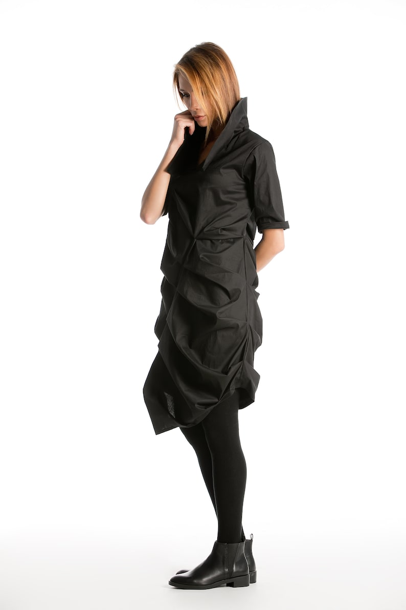Cocktail Extravagant Shirt Dark Fashion Avant Garde Dress Steampunk Dress Deconstructed Dress Futuristic Clothing Black Midi Dress