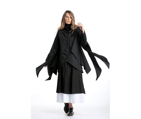 Cyberpunk Jacket, Sci-Fi Clothing, Black Shirt Jacket, Steampunk Shirt With Fringe, Asymmetrical Jacket, Deconstructed Shirt Women