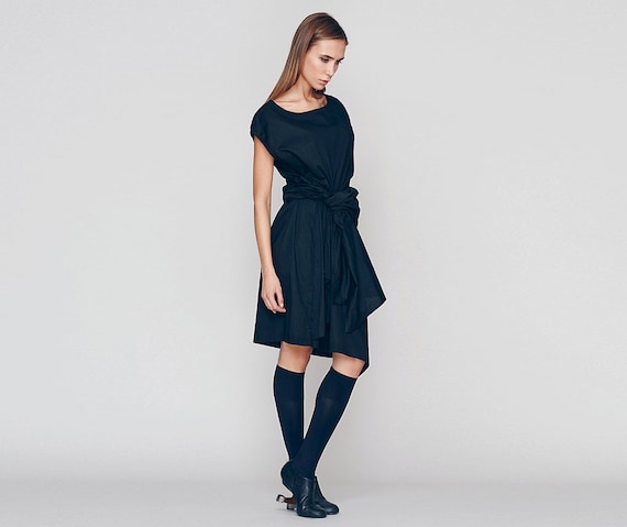 Minimalist Wrap Dress by MariaQueenMaria, Casual Dress in Navy Blue, Asymmetric Midi Dress in Blue Minimalist Wrap Dress by MariaQueenMaria, Casual Dress in Navy Blue, Asymmetric Midi Dress in Blue