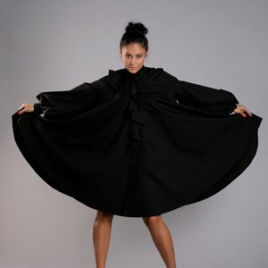 Women Black Dress with Loose Fit and Bishop Sleeves, Victorian Clothing, Oversize Dress, Gothic Shirt Dress, Puff Sleeves Dress