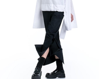Black Avant-garde Pants with Oversized Cuffs, Elegant Women's Pants, Loose Fit Black Pants, Cotton Pants with Regular Waist