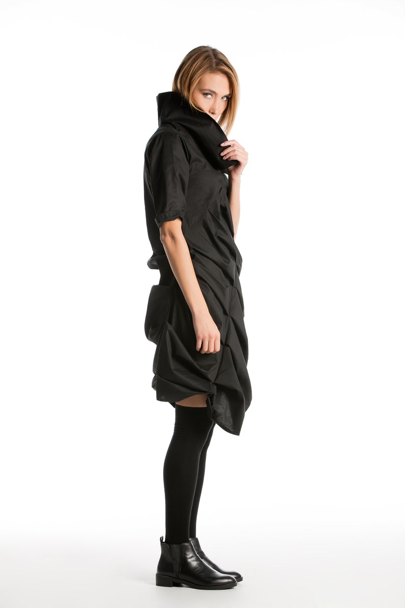 Cocktail Extravagant Shirt Dark Fashion Avant Garde Dress Steampunk Dress Deconstructed Dress Futuristic Clothing Black Midi Dress