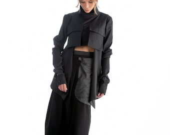 Black Asymmetrical Clothing Set, Turtleneck Crop Top With High Raise Skirt, Avant Gard Set For Woman, Black Cotton Set