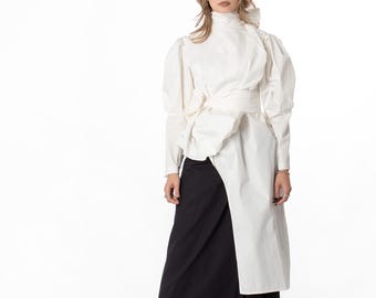 Oversized White Tunic Shirt, Dramatic High Collar Blouse With Puff Sleeves, Layering Shirt, Artistic Womens Fashion