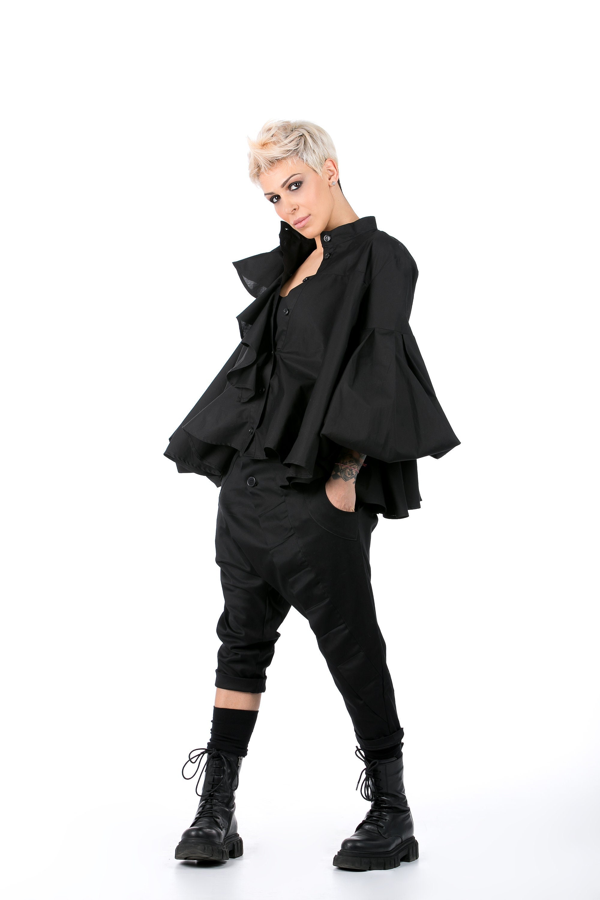 Chemise à Jabot Noire En Voile - Manches Longues - Taille 42/44 - Comme Neuf