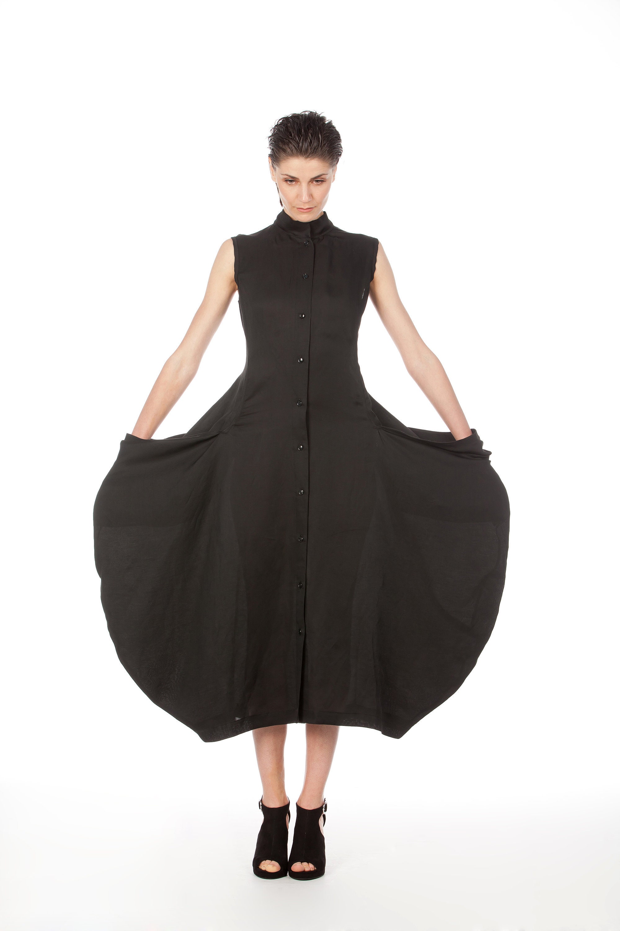 Linen Black Dress, Shirt Maxi Japanese Clothing, Futuristic Avant Garde Clothing