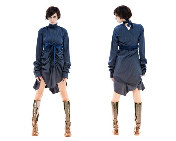 Women Tunic Shirt, Futuristic Clothing, Avant Garde Shirt, Japanese Clothing, Drape Shirt, Blue Tunic Dress, Wedding Guest Tunic, Cocktail