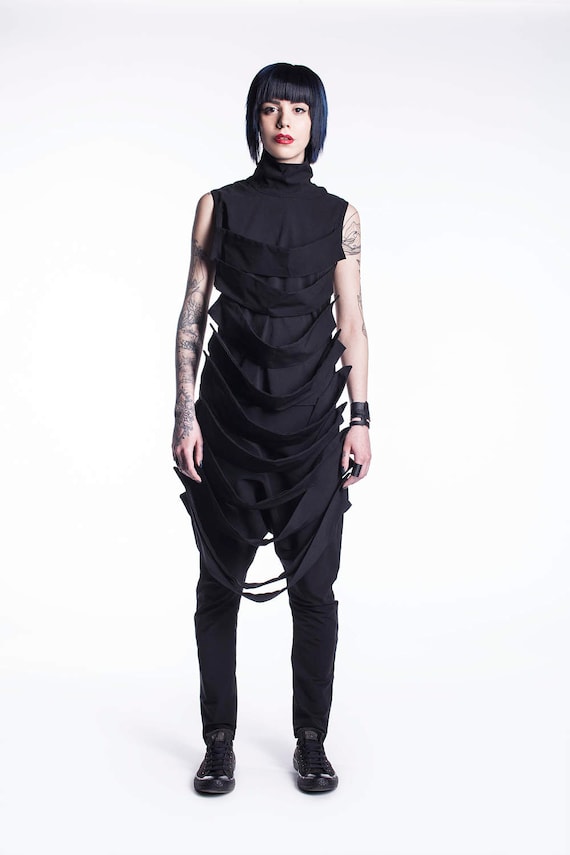 Sleeveless Black Top, Steampunk Top, Gothic Tunic Top with Turtleneck, Avant Garde Clothing, Futuristic Top, Halloween Clothing