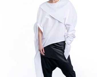 Camisa blanca asimétrica, ropa vanguardista para mujer, camisa de algodón con mangas llamativas, camisa extravagante para mujer en tallas grandes