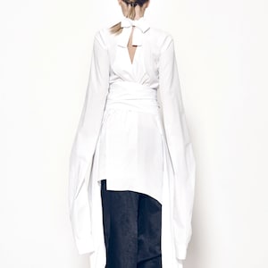 Long White Kimono Shirt, Futuristic Clothing, Kimono Top, Asymmetrical Tunic, Japanese Clothing, Oversized Blouse, Belt Top