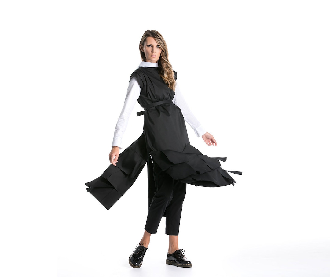 Long Black Vest for Woman, Black Maxi Vest With Belt, Japanese Fashion