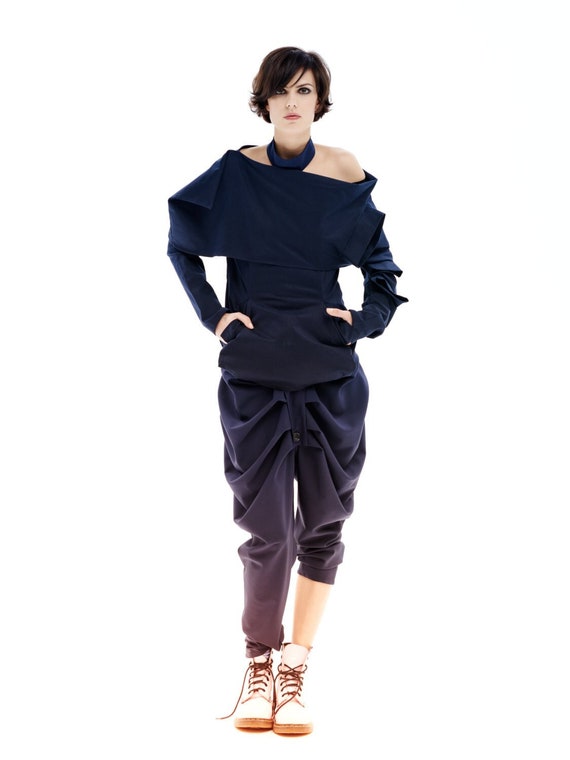 Off Shoulder Top, Gothic Shirt, Asymmetrical Jacket, Avant Garde Clothing, Navy Blue Jacket Top, Deconstructed Blouse